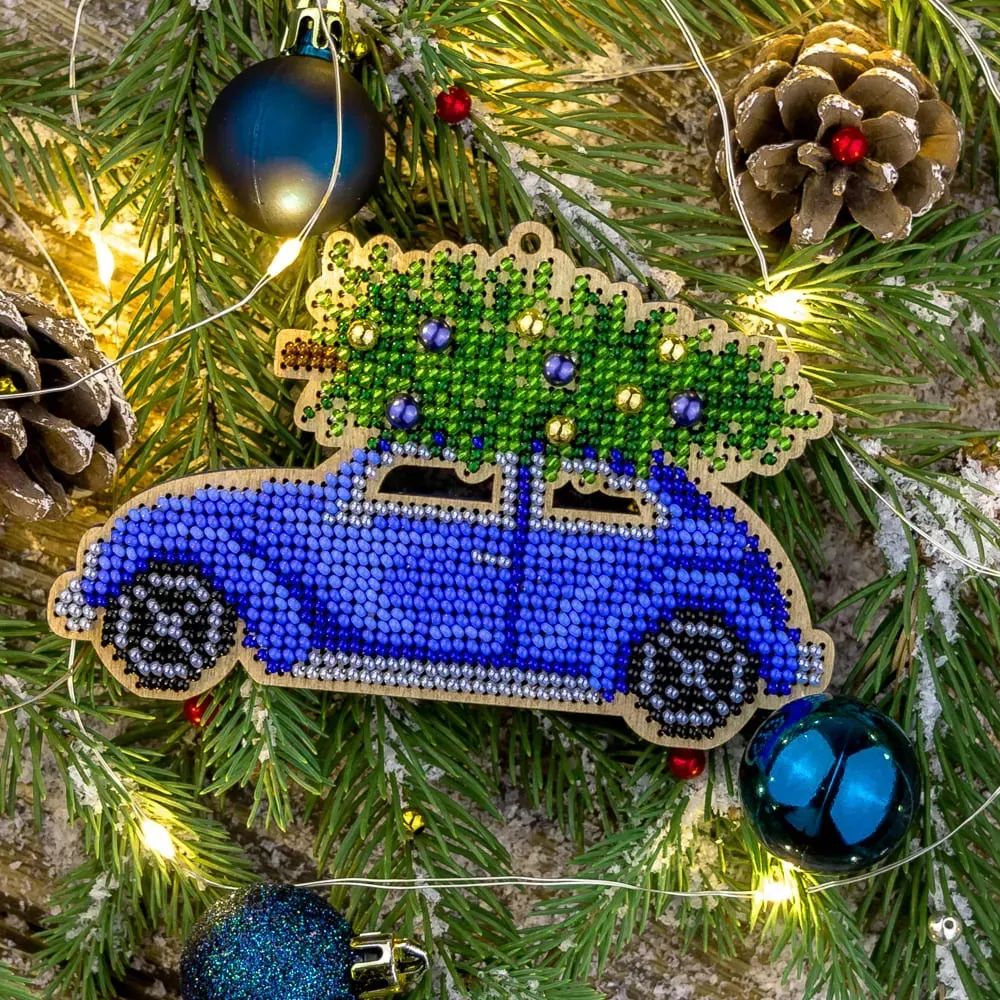 Blue Car by Wonderland Crafts Christmas Tree toys Bead embroidery kit on wood Made in Ukraine