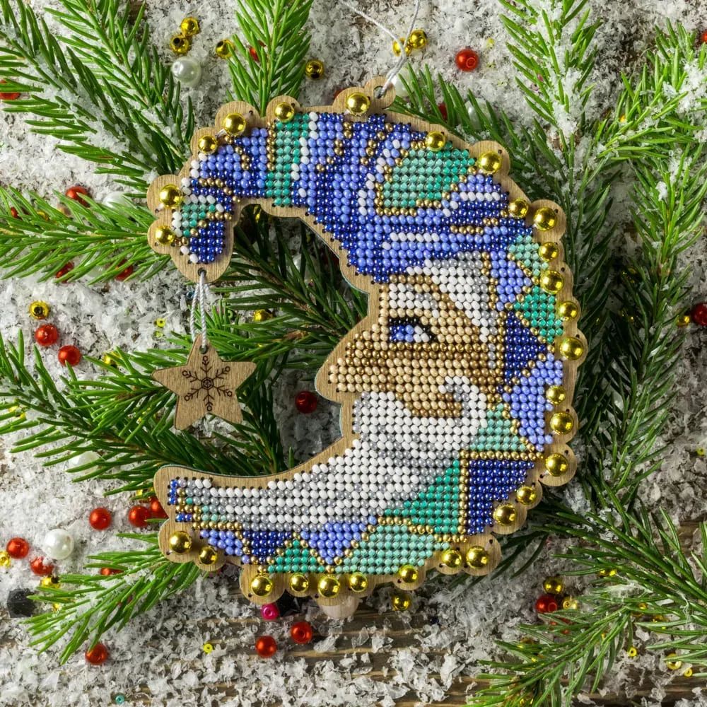 Blue Santa Moon by Wonderland Crafts Christmas Bead embroidery kit on wood Made in Ukraine
