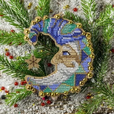 Blue Santa Moon by Wonderland Crafts Christmas Bead embroidery kit on wood Made in Ukraine