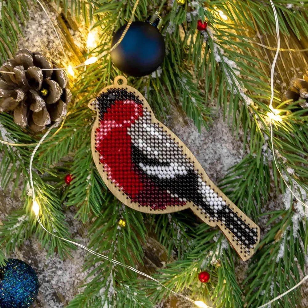 Bullfinch Christmas Tree by Wonderland Crafts Bead embroidery kit on wood Made in Ukraine