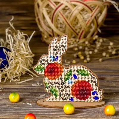 Brown rabbit with flowers on a stand by Wonderland Crafts Easter Bead embroidery kit on wood Made in Ukraine