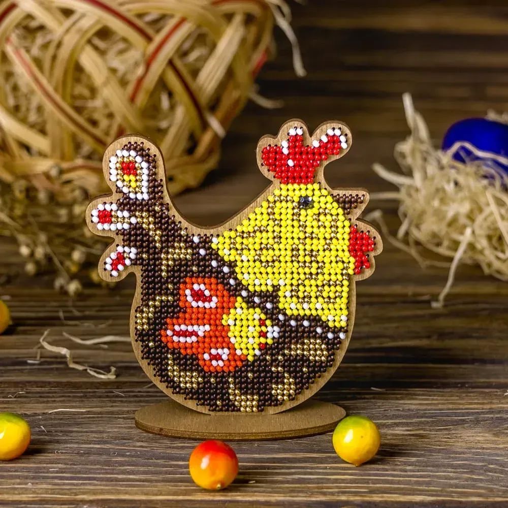 Brown rooster on a stand by Wonderland Crafts Easter Bead embroidery kit on wood Made in Ukraine