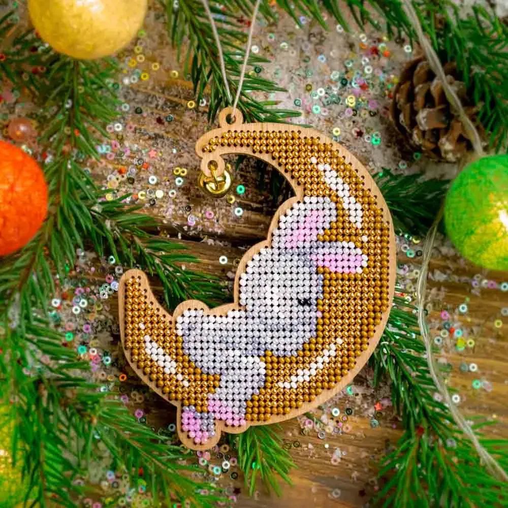 Moonlit Dreams – Bunny by Wonderland Crafts Christmas Bead embroidery kit on wood Made in Ukraine