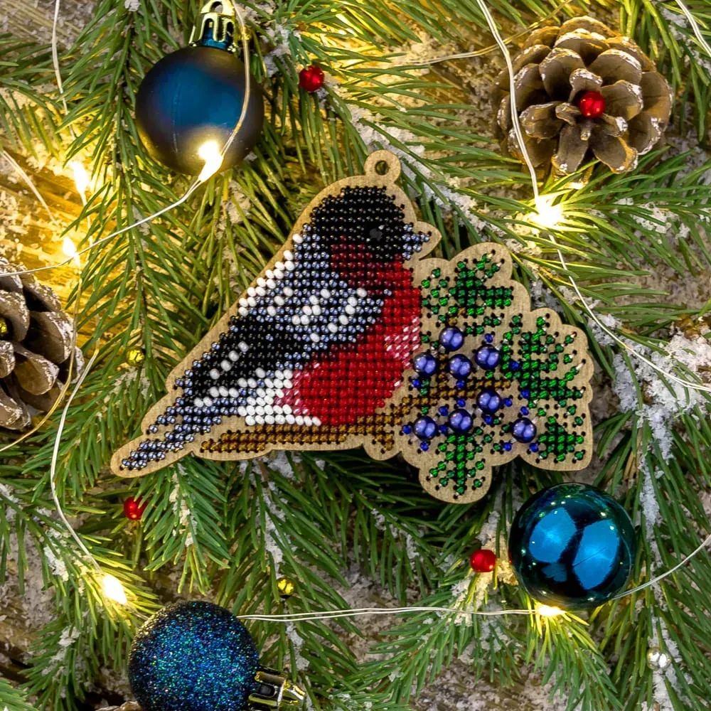 Bullfinch on a branch by Wonderland Crafts Christmas Tree toy Bead embroidery kit on wood Made in Ukraine