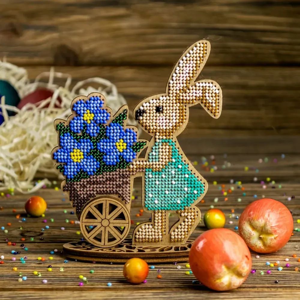 Bunny with a cart of flowers by Wonderland Crafts Easter Bead embroidery kit on wood Made in Ukraine