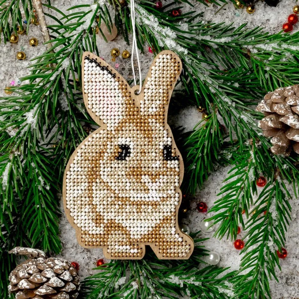 Bunny by Wonderland Crafts Christmas Bead embroidery kit on wood Made in Ukraine