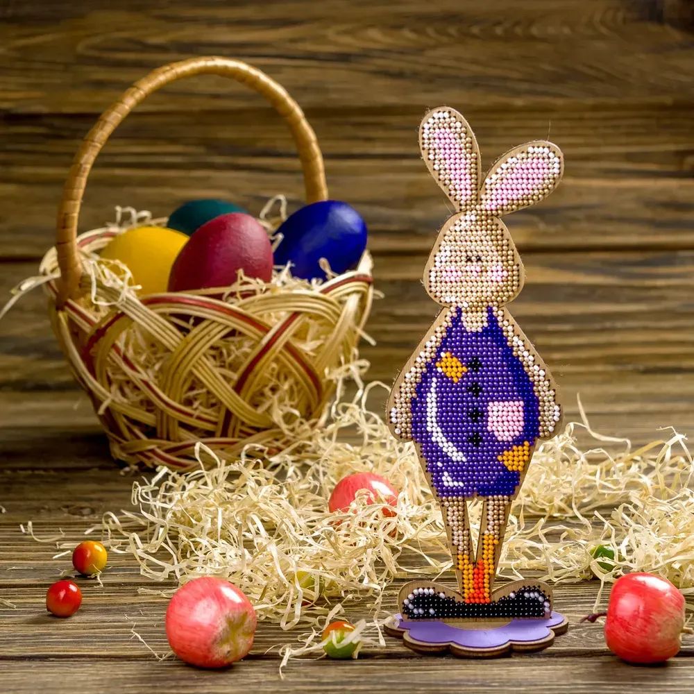 Bunny in a jumpsuit on a stand by Wonderland Crafts Easter Bead embroidery kit on wood Made in Ukraine