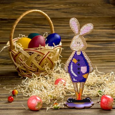 Bunny in a jumpsuit on a stand by Wonderland Crafts Easter Bead embroidery kit on wood Made in Ukraine
