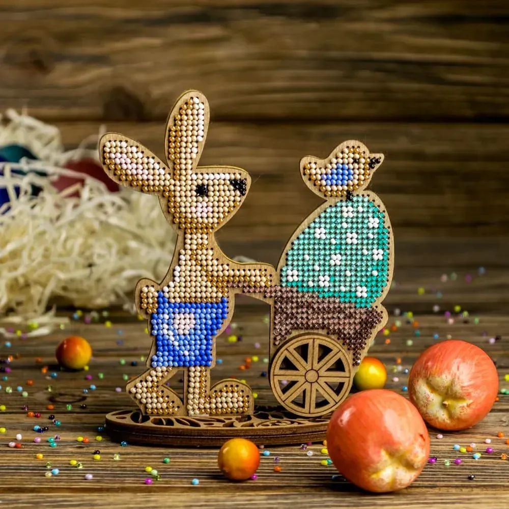 Bunny with a cart by Wonderland Crafts Easter Bead embroidery kit on wood Made in Ukraine
