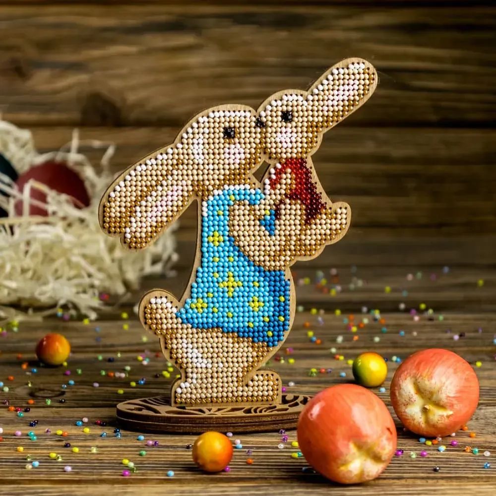 Bunny with baby by Wonderland Crafts Easter Bead embroidery kit on wood Made in Ukraine