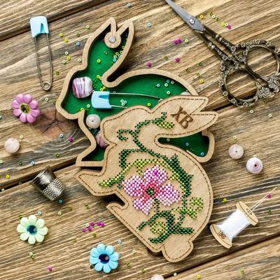 Bunny with pink flower Needlework Box by Wonderland Crafts Organizer with cover Beading embroidery kit