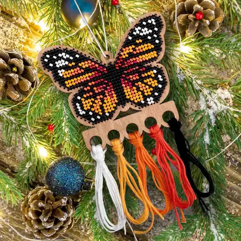 Butterfly by Wonderland Crafts Christmas Tree toys Bead embroidery kit on wood Made in Ukraine