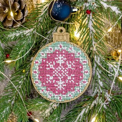Christmas Tree Ball Pink with snowflake by Wonderland Crafts Bead embroidery kit on wood Made in Ukraine