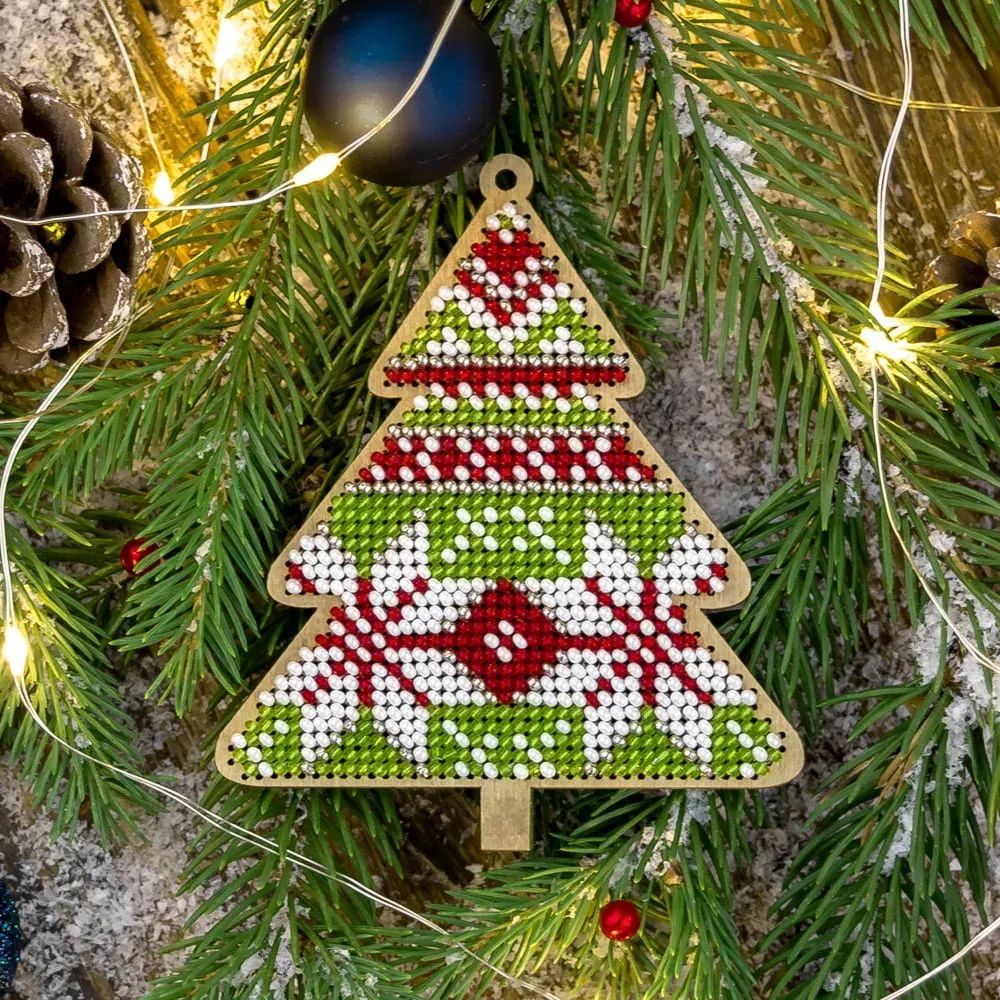 Christmas tree light green with white ornaments by Wonderland Crafts Christmas Tree toy Bead embroidery kit on wood