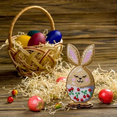 Bunny with cherries on a stand by Wonderland Crafts Easter Bead embroidery kit on wood Made in Ukraine