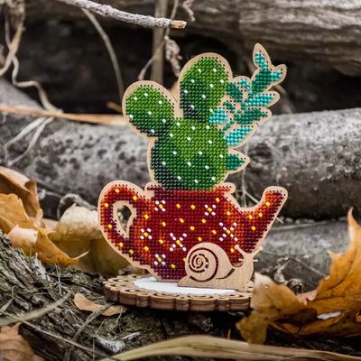 Cactus in a red teapot by Wonderland Crafts Spring Bead embroidery kit on wood Made in Ukraine