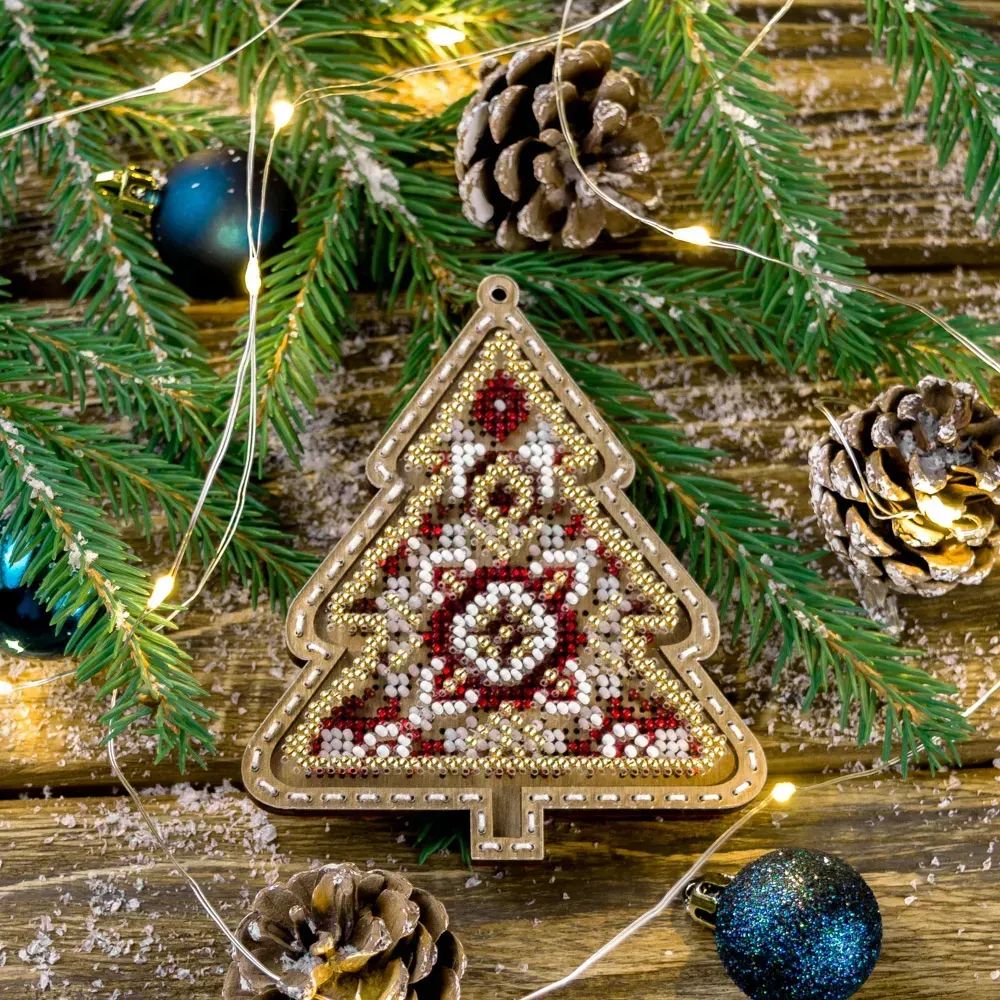 Christmas tree red with gold by Wonderland Crafts Christmas Bead embroidery kit on a plastic base