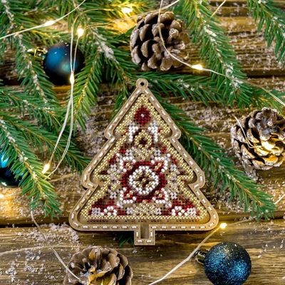 Christmas tree red with gold by Wonderland Crafts Christmas Bead embroidery kit on a plastic base