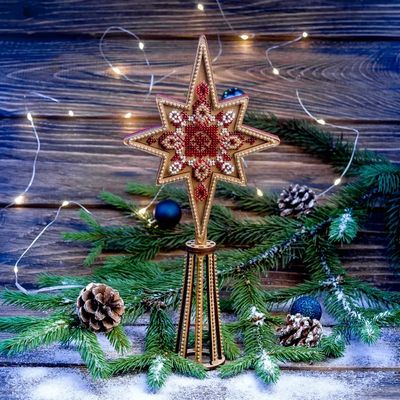 Christmas tree top Red (one side) by Wonderland Crafts Bead embroidery kit on wood Christmas tree toys Made in Ukraine