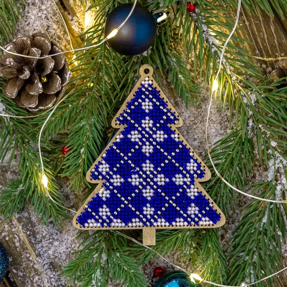 Christmas tree with white ornaments by Wonderland Crafts Christmas Tree toy Bead embroidery kit on wood Made in Ukraine