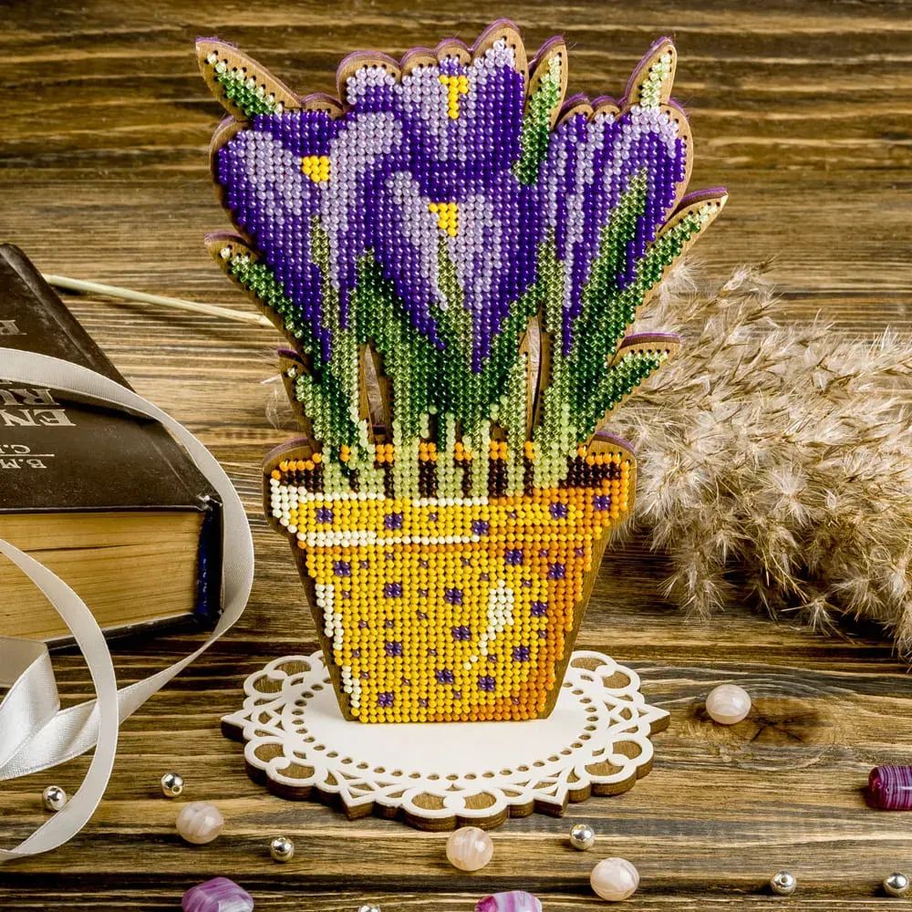 Crocuses in a yellow pot by Wonderland Crafts Spring Bead embroidery kit on wood Made in Ukraine