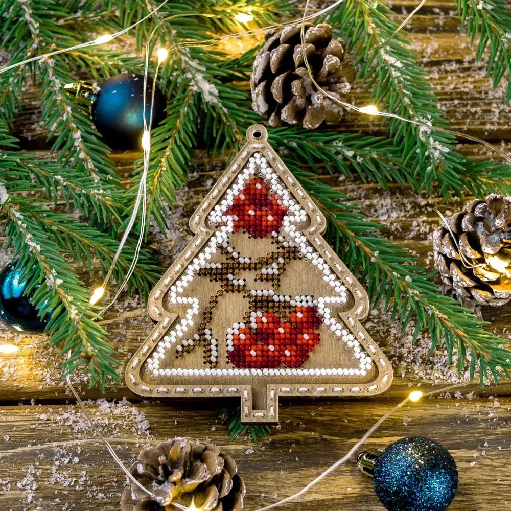 Christmas tree with rowan berries by Wonderland Crafts Christmas Bead embroidery kit on a plastic base