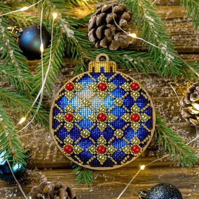 Blue Christmas tree ball 008 by Wonderland Crafts Cross-stitch with beads kit on wood Made in Ukraine