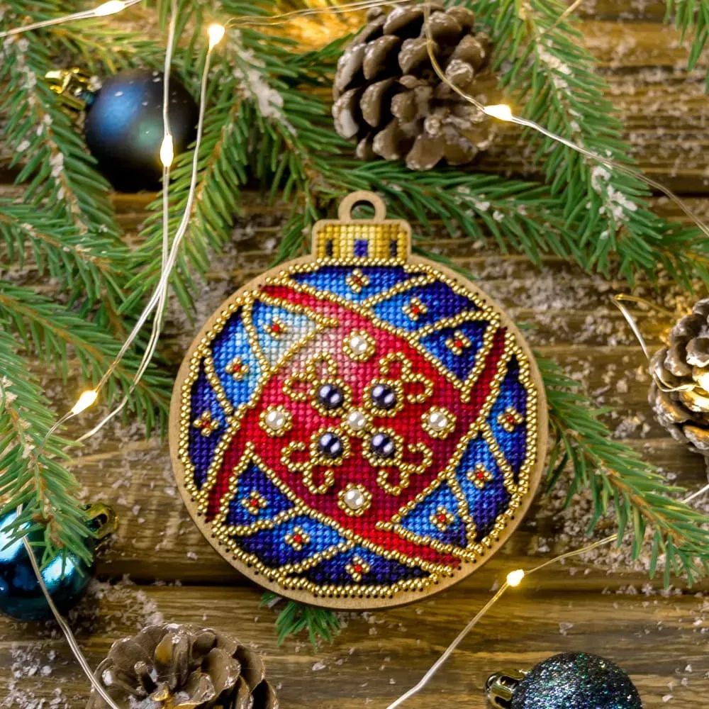 Blue Christmas tree ball 010 by Wonderland Crafts Cross-stitch with beads kit on wood Made in Ukraine