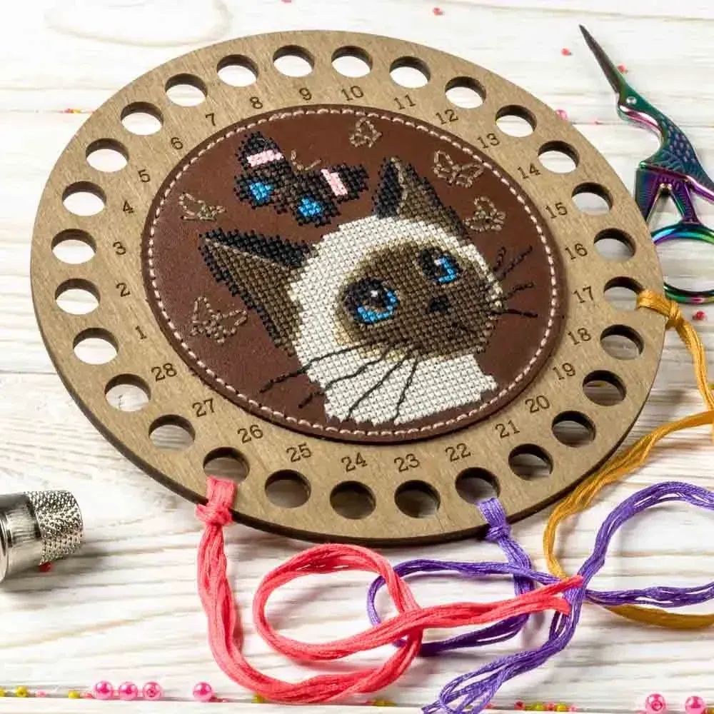 Siam Kitten Thread Organizer Needlecraft Kit On Leather - Wooden Organizer For Threads by Wonderland Crafts