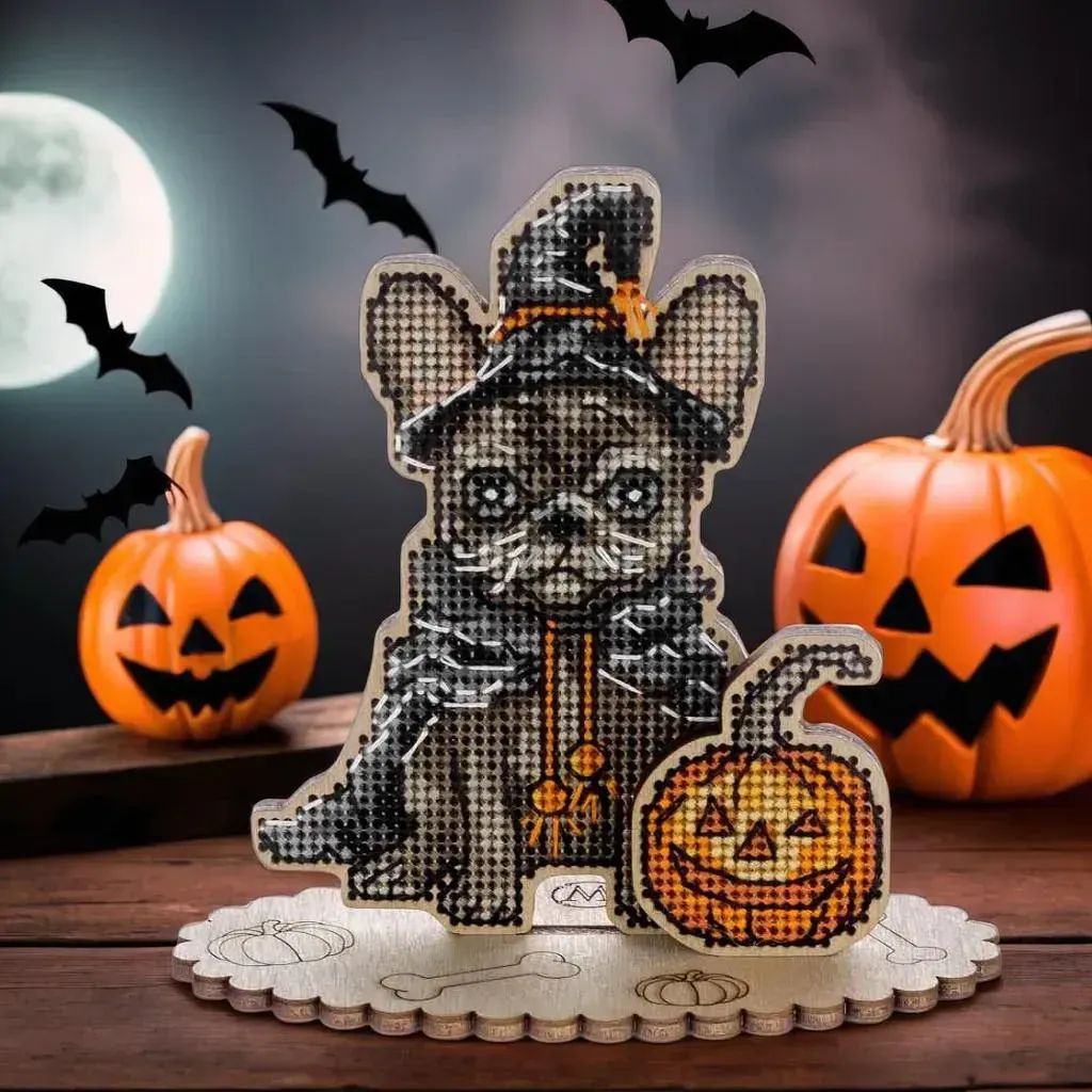 Bulldog Puppy Witch by Wonderland Crafts Halloween Cross stitch kit on plywood base