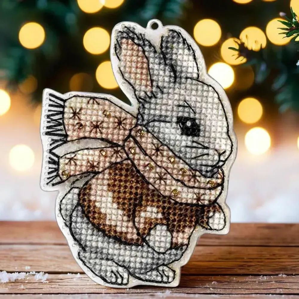 Bunny in a sweater by Wonderland Crafts Cross stitch kit on a plastic base. Made in Ukraine