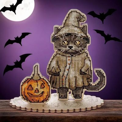 Halloween British Shorthair by Wonderland Crafts Halloween Cross stitch kit on plywood base