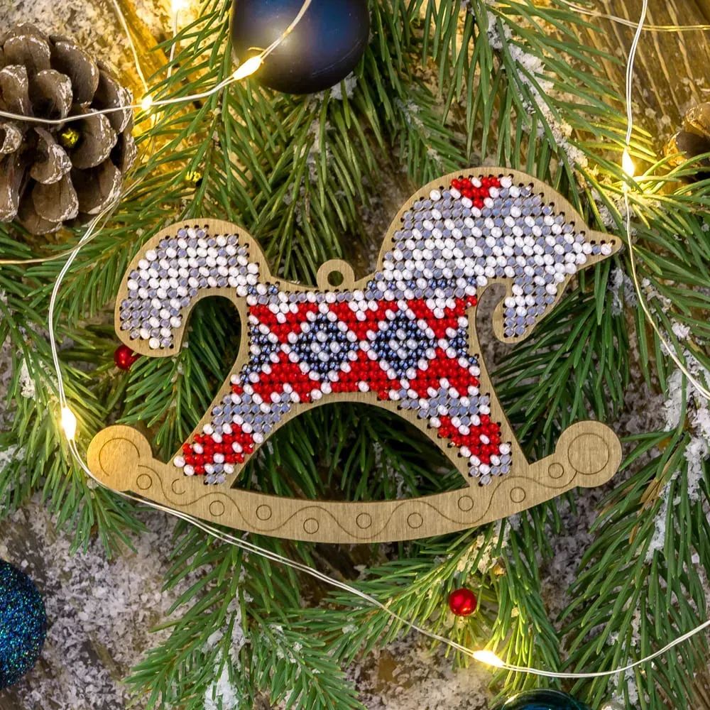 Gray Christmas Ornament - Rocking Horse by Wonderland Crafts Christmas Tree toy Bead embroidery kit on wood Made in Ukraine