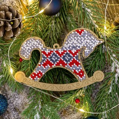Gray Christmas Ornament - Rocking Horse by Wonderland Crafts Christmas Tree toy Bead embroidery kit on wood Made in Ukraine