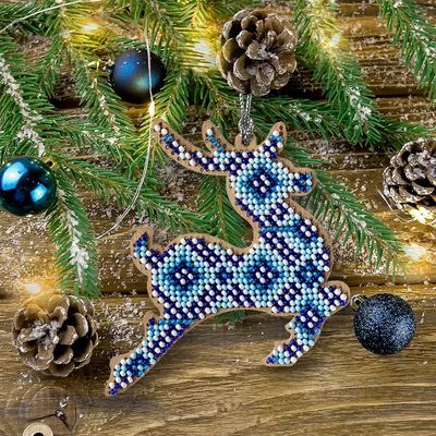 Deer In Blue - Christmas Ornament by Wonderland Crafts Christmas Tree toy Bead embroidery kit on wood Made in Ukraine
