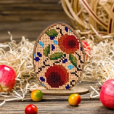 Beige Easter egg with a flowers on a stand by Wonderland Crafts Easter Bead embroidery kit on wood Made in Ukraine