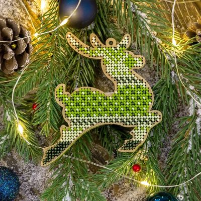 Deer In Green - Christmas Ornament​ by Wonderland Crafts Christmas Tree toy Bead embroidery kit on wood Made in Ukraine
