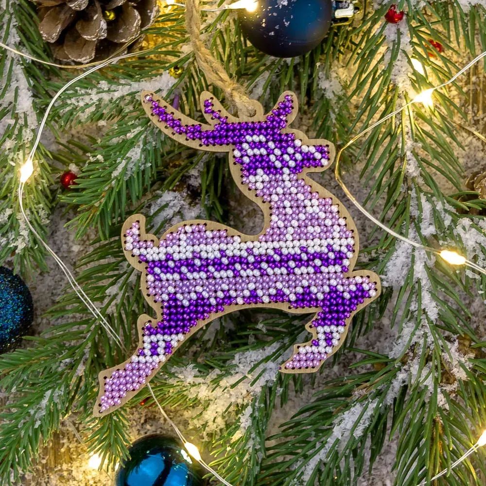 Reindeer in Purple - Christmas Ornament by Wonderland Crafts Christmas Tree toy Bead embroidery kit on wood Made in Ukraine