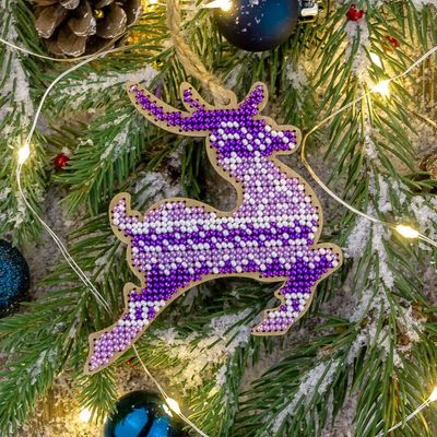 Reindeer in Purple - Christmas Ornament by Wonderland Crafts Christmas Tree toy Bead embroidery kit on wood Made in Ukraine