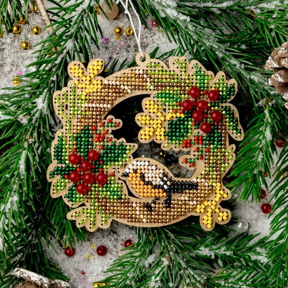 Wreath With Bird by Wonderland Crafts Bead embroidery kit on wood Made in Ukraine