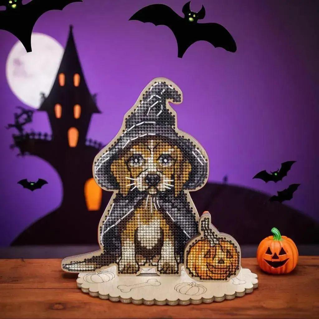Halloween Beagle by Wonderland Crafts Halloween Cross stitch kit on plywood base Made in Ukraine