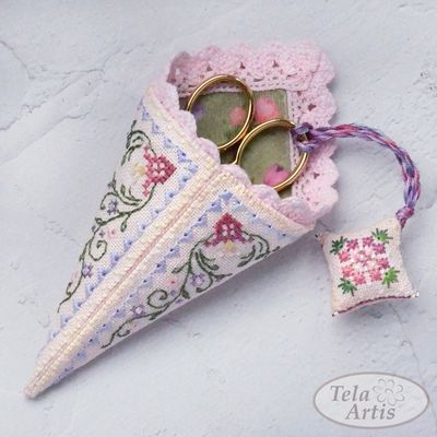 Bloomy scissor case and fob by Tela Artis Biscornu &amp; Pinkeeps series Cross and decorative stitches embroidery kit