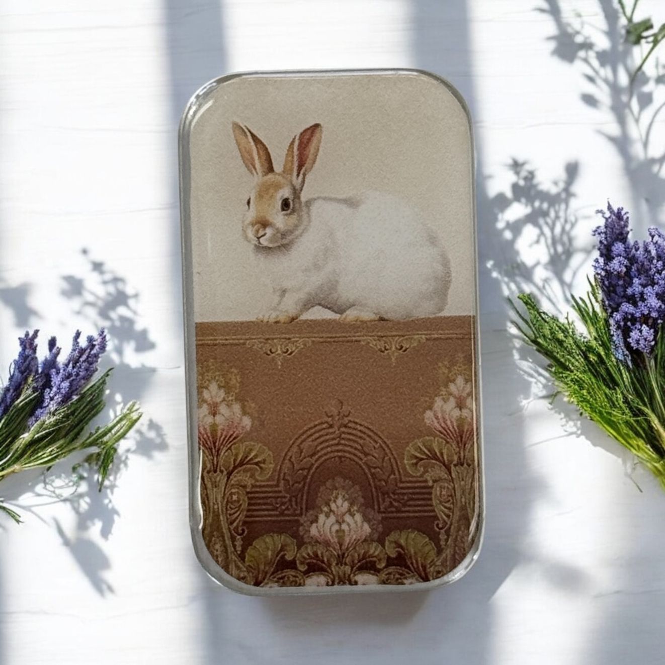 Sweet White Bunny Notions Tin by Firefly Notes Handcrafted Resin Slider Tin for Stitch Markers &amp; Small Treasures