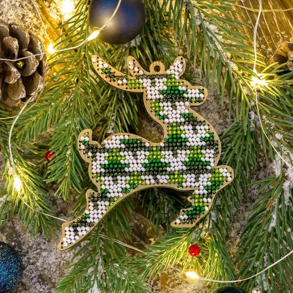 Reindeer in a Christmas tree ornament by Wonderland Crafts Christmas Tree toy Bead embroidery kit on wood Made in Ukraine
