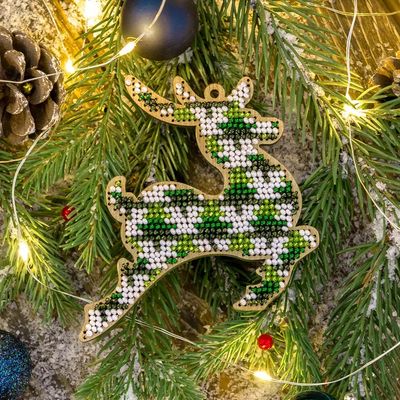 Reindeer in a Christmas tree ornament by Wonderland Crafts Christmas Tree toy Bead embroidery kit on wood Made in Ukraine