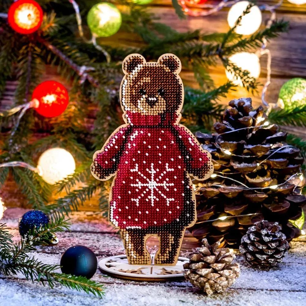 Holiday Bear by Wonderland Crafts Christmas Bead embroidery kit on wood Made in Ukraine