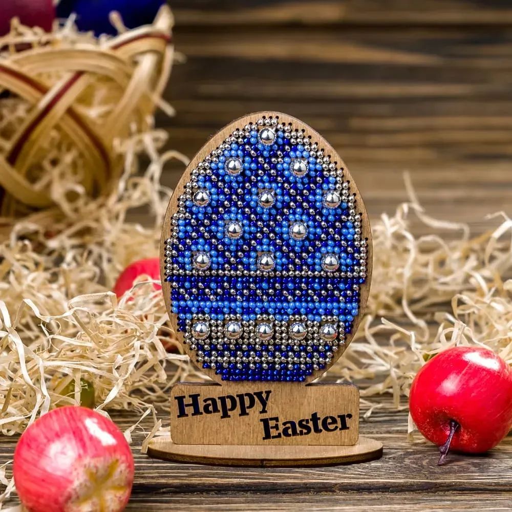 Easter egg blue with silver ornament on a stand by Wonderland Crafts Easter Bead embroidery kit on wood