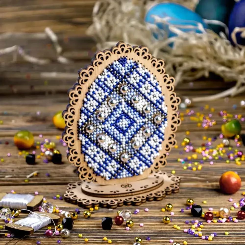 Blue Pattern Easter egg on a stand by Wonderland Crafts Easter Bead embroidery kit on wood Made in Ukraine