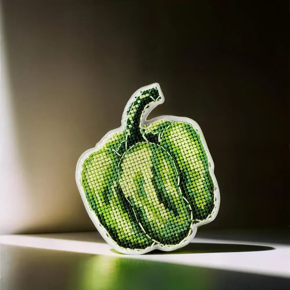 Green Pepper by Wonderland Crafts Double-Sided Cross stitch kit on a plastic base with magnet
