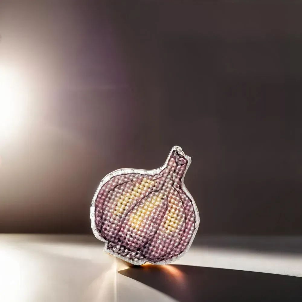 Garlic by Wonderland Crafts Double-Sided Cross stitch kit on a plastic base with magnet